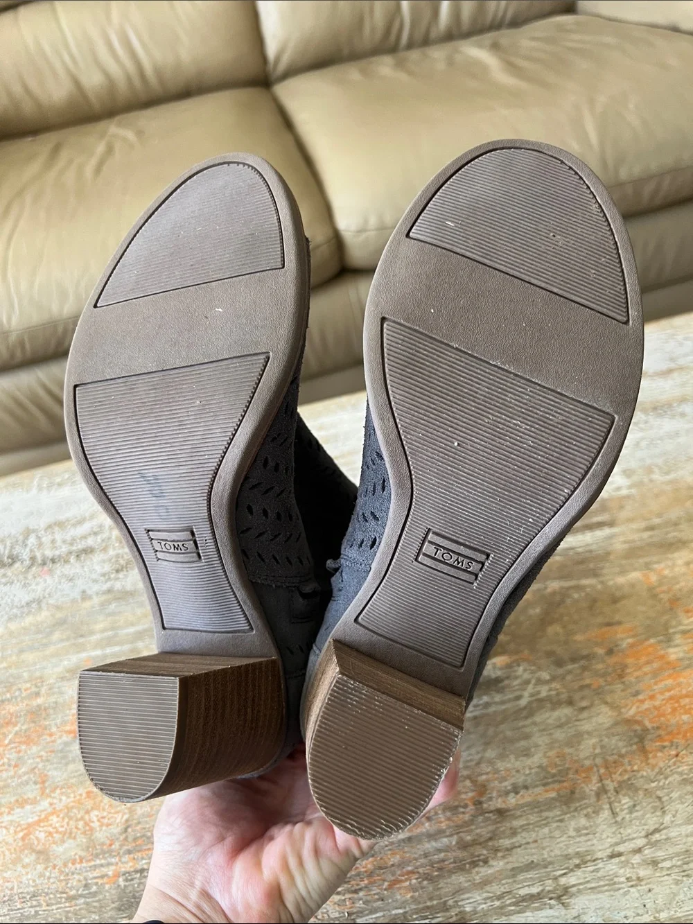 TOMS FORGED IRON SUEDE MAJORCA PEEP TOE BOOTIES GREY PERFORATED LEAF Size 9